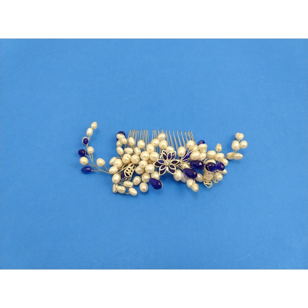 Faux Pearl Blue Rhinestone Hair Clip Barrette Piece